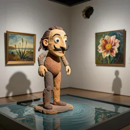 plasticine sculpture stop motion. salvador dali clay models. visitor. shadows. gallery paintings of flower. john craxton. water floor. room with a hole in wall. high detail. photorealistic