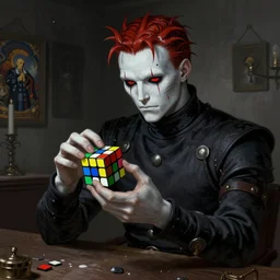 medieval Pinhead from Hellraiser (1986) playing with rubiks cube painted by hieronymus bosch, detailed digital art, trending on Artstation