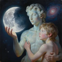 jade man holds the moon and the son, in the background you can see the universe. by Daniel F. Gerhartz, hyperrealistic oil painting, 4k, very detailed faces, studio lightning