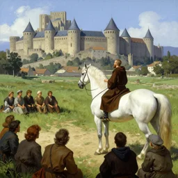 medieval monk preaching with open arms near his white beautiful horse, few people are listening to him, grassy field with sandy spot, city of carcassonne in the background by stanley artgerm lau, wlop, rossdraws, frank frazetta, andrei riabovitchev, marc simonetti, tranding on artstation
