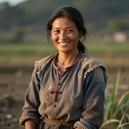 portrait, a hardworking female farmer, ragged clothes, standing in a field