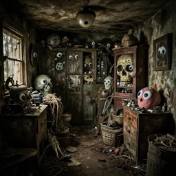 the inside of a hoarders house where every item has googly eyes, photography, ominous, spooky