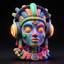 a glossy claymodel of a atompunk aztec futurism robot head with glowing headphones, 8 k, symetrical, flourescent colors, halluzinogenic, multicolored, very detailed, black background, 3 d render,