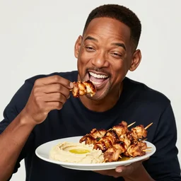 very happy will smith eating a plate of chicken kabob with hummus, photograph, candid, detailed
