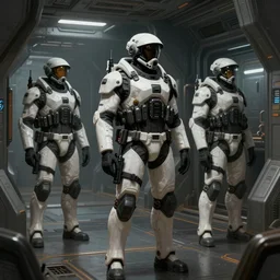 concept art by greg rutkowski, soldiers in white and black futuristic tactical gear, through the corridors of the ship, claustrophobic and futuristic, brutalistic environment, scifi, detailed and intricate environment, high technology, highly detailed portrait, digital painting, artstation, concept art, smooth, sharp foccus ilustration, artstation hq.
