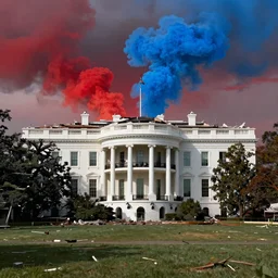 politics, destroyed presidential white house, landscape, dystopian, war, real, bright blue smoke, red clouds, detailed, award winning, masterpiece