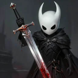 photography of hollow knight hold bloody sword, red blood drops, deep focus, d & d, dslr fantasy, intricate, elegant, highly detailed, digital painting, artstation, concept art, matte, sharp focus, 8 k illustration, hearthstone, art by artgerm and greg rutkowski and alphonse mucha