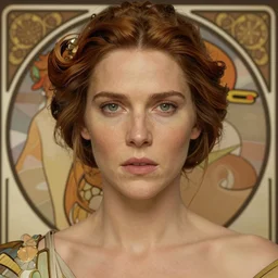 centralized close up portrait, serious, kate beckensale, alphonse mucha, rhads, ross tran, artstation, artgerm, octane render, 1 6 k