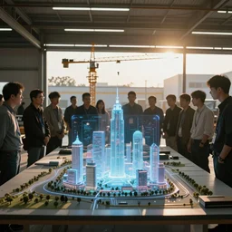 large group people in open warehouse, looking at hologram of futuristic city on a table, cinematic still 1 2 0 mm, godrays, golden hour, natural sunlight, 4 k, clear details, tabletop model buildings, tabletop model, hologram center, crane shot, crane shot, crane shot