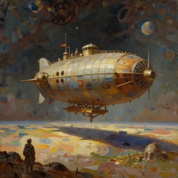 a steampunk airship emerges over the horizon of an alien planet, artwork by alphonse mucha, darek zabrocki, dramatic lighting, brushstrokes, paper texture.