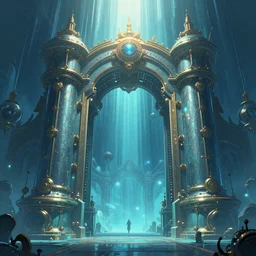 huge ， highly detailed, digital painting, aqua blue, artstation, illustration, steampunk gate to another dimension ， night, artstation, smooth, octane render, surreal, epic, warm top light ， concept art by raphael lacoste ， artgerm and john berkey,, dream, symmetric!! vanishing point, sharp focus, smooth