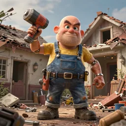 grumpy chunky bald handyman, power tool limbs, in a wrecked home, full body, hyperrealistic digital art masterpiece, highly detailed neo pop surrealism, jason limon kay sage hannah yata, dramatic lighting, low angle, uhd 8 k, sharp focus