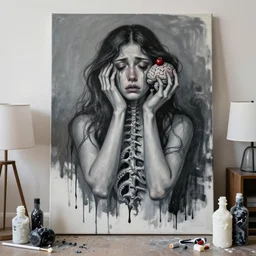 dripping black and grey paint, white wax, sensual, a sad portrait in a female art student's apartment, spine, grey vegetables, depression, crying, woman holding a brain from inside a painting, berries, octopus, art materials, a lamp, bottles covered in wax, neo - expressionism, surrealism, acrylic and spray paint and oilstick on canvas