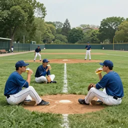 a group of guys drinking beer and playing baseball at a local park, picture in the style of Edward Hopper