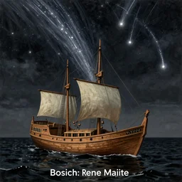 wooden ship on the dark sea with meteor showers. painting by bosch, rene magritte