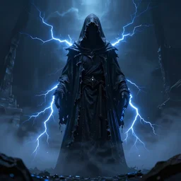 character design, dark arcanist, tattered hood, blue lightning, blue mist, fog, scary, photorealistic, cinematic, hyper realistic, octane render, 8 k, wide angle