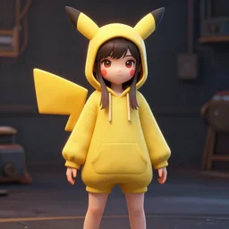vrchat 3 d model of a girl in a pikachu hoodie, hq render, detailed textures, artstationhd, booth. pm, highly detailed attributes and atmosphere, dim volumetric cinematic lighting, hd, unity unreal engine