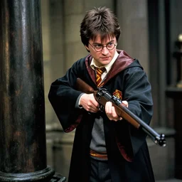 harry potter robbing a bank, holding rifle in style of gra v