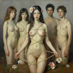pop surrealism, lowbrow art, realistic seductive cute woman painting, long hair, japanese shibari with flowers, hyper realism, muted colours, rococo, natalie shau, loreta lux, tom bagshaw, mark ryden, trevor brown style,