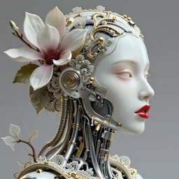 complex 3d render ultra detailed of a beautiful porcelain profile woman face, mechanical cyborg, 150 mm, beautiful natural soft light, rim light, studio light, silver gold details, magnolia big leaves and stems, roots, fine foliage lace, mesh wire, intricate details, hyperrealistic, mandelbrot fractal, anatomical, red lips, white metal armor, facial muscles, cable wires, microchip, elegant, Alexander Mcqueen haute couture, octane render, H.R. Giger style, 8k