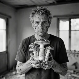 1 9 7 0 s photography, black and white, man covered in mushrooms in abandoned house