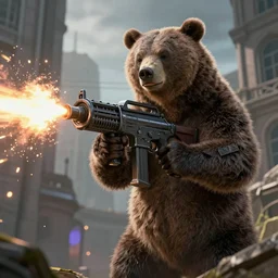 bear holding a minigun and firing into a building, realistic 4 k octane beautifully detailed render, 4 k post - processing, highly detailed, intricate complexity, epic composition, magical atmosphere, cinematic lighting, masterpiece, ultra hd