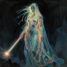 gum bichromate print of awe-inspiring award-winning concept art full body face portrait painting of attractive anglerfish cyberpunk in neon shrouds as the goddess of lasers, sparks, by Julie Bell, Jean Delville, Virgil Finlay, Alphonse Mucha, Ayami Kojima, Amano, Charlie Bowater, Karol Bak, Greg Hildebrandt, Jean Delville, Frank Frazetta, Peter Kemp, and Pierre Puvis de Chavannesa, extremely moody lighting, glowing light and shadow, atmospheric, shadowy, cinematic, 8K,