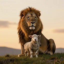lion with a lamb sitting beside it on a hill at sunset, immaculate detail, cinematic shot, ray tracing, octane render, hyper realistic