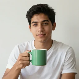portrait of a ( ( ( una taza de cafe grande y verde ) ) ), ( ( guapo joven caliente colombiano mulato pelo buzzed ) ), nubes y magia, el sol, concept character, by greg rutowski and mucha and bierstadt and remington, trending on artstation