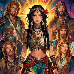 detailed ultrarealistic photography of cyberpunk rustic medieval hippie warrior japanese girl, brom, craig mullins, vallejo, moebius, ian miller, mucha cinematic, saturated colors, full shot