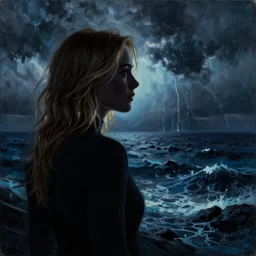 silhouette of a Elle Fanning gazing out at the stormy ocean, extremely detailed masterpiece, oil on canvas, Blade Runner 2049, low-key neon lighting, artstation, by J. C. Leyendecker and Peter Paul Rubens,