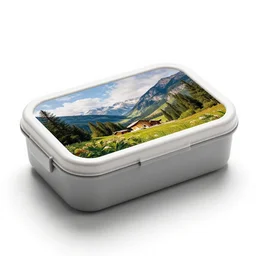 obsidian lunch box, commercial catalog photo, isolated on a pure white background, centered, entire object in frame, sharp focus, soft studio lighting