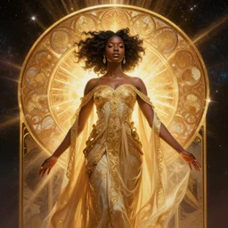 young black african princess, warm volumetric lighting, cosmic, symmetric, highly detailed, elegant, concept art, heavenly, god rays, intricate, sharp focus, illustration, alexandros pyromallis, bouguereau, rutkowski, artgerm, alphonse mucha