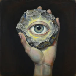 sculpted hand with visible veins holding an eye. a vision at the glowing sacred rock. painting by mark rothko, ernst haeckel, agnes pelton, brancusi