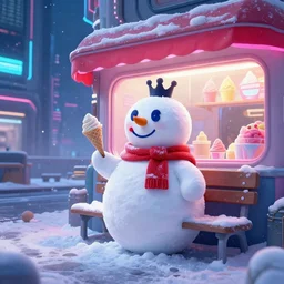 beautiful hyperdetailed digital painting of a snowman!!!!!!!!!!!! sitting on a bench outside a futuristic neon cyberpunk ice cream store, cyberpunk city in background, night time, stunning lighting, dreamy, global illumination, octane render, trending on artstation, unreal engine 5, 4 k