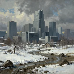 Russian cyberpunk city in spring with snow and mud, in the style of Savrasov