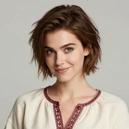 a beautiful woman, beauty, high cheek bones, half smile, mischievous, bard, brown hair, messy hairstyle, short hair, cream colored peasant shirt, brown pants, leather boots, dark green cloak, round hood, elf ears, youthful, white background, proportionate, by Tony Sart, single face, trending on artstation, realistic, highly detailed, masterpiece
