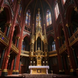 minecraft build of a tall detailed interior of a cathedral with deep red black and gold accents an elaborate altar in the center with balconies along the side