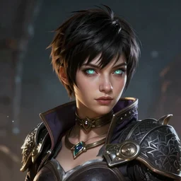 An epic fantastic realism comic book style portrait painting of a pretty young sorcerous woman, short pixie haircut, glowing eyes, D&D Concept Art, unreal 5, DAZ, hyperrealistic, octane render, cosplay, RPG portrait, dynamic lighting