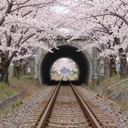 tunnel of sakura, railway, by shunji dodo, 8 k resolution, high quality