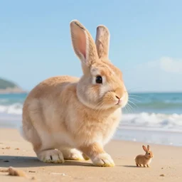 a very very very giant bunny walking its tiny tiny owner on the beach. hyperreal.