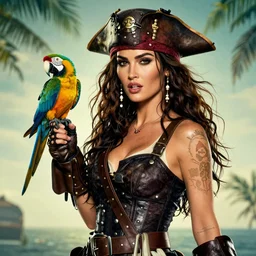 megan fox as a sexy tattooed pirate with a parrot, movie poster, amazing detail, 8k resolution