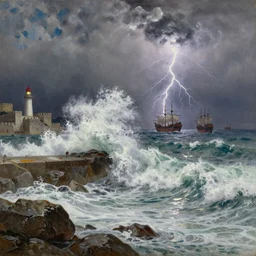 closeup of giant waves breaking against rocks, harbor, medieval castle, lighthouse, galleon, ships, lightning, storm, eerie sky, evil sky, shimmering iridescent water, in the style of Leonid Afremov, Hovhannes Aivazovsky, Zdzislaw Beksinski and Canaletto, highly detailed, soft lighting, film grain, medium format, 8k resolution, oil on canvas