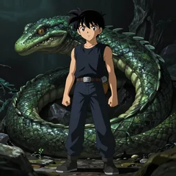 anime of young man full body, brown eyes, reptile background by akira toriyama, hyper realistic, dark fantasy detailed, high definition insanely detailed, bitter wide angle lens dark lighting, moody lighting