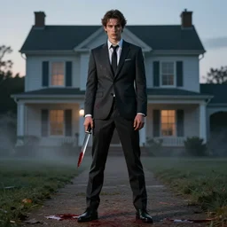 only one man in strict suit, one man, an indifferent face, house on background, bloody knife, blood on body, full body, little fog, evening, extremely detailed, sharp focus, professional photographer, professional model