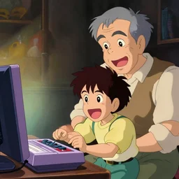 a wholesome anime key shot of a young kid playing video games with his grandfather and having fun, good memories, nostalgia, NES, medium shot, waist up, studio Ghibli, Pixar and Disney animation, sharp, Rendered in Unreal Engine 5, anime key art by Greg Rutkowski, Bloom, dramatic lighting, happy, intense emotions