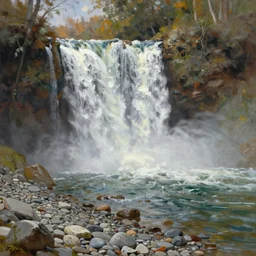 a waterfall cascading onto a pebble beach, extremely detailed oil painting, sargent and leyendecker, savrasov levitan polenov, bruce pennington, tim hildebrandt, digital art, landscape painting, trending on artstation, masterpiece
