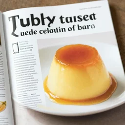 tubby custard featured in a culinary magazine, professional photo, with text, featured article