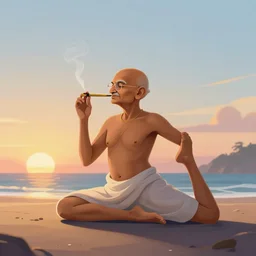 gandhi in a yoga pose smoking a blunt on a beach sunset gloomhaven, matte painting concept art, art nouveau, beautifully backlit, swirly vibrant color lines, fantastically gaudy, aesthetic octane render, 8 k hd resolution