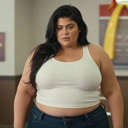 film still of obese 3 0 0 - pound kylie jenner at mcdonald's, vibrant high contrast, octane, arney freytag, cinematic, portrait, backlit, rim lighting, 8 k